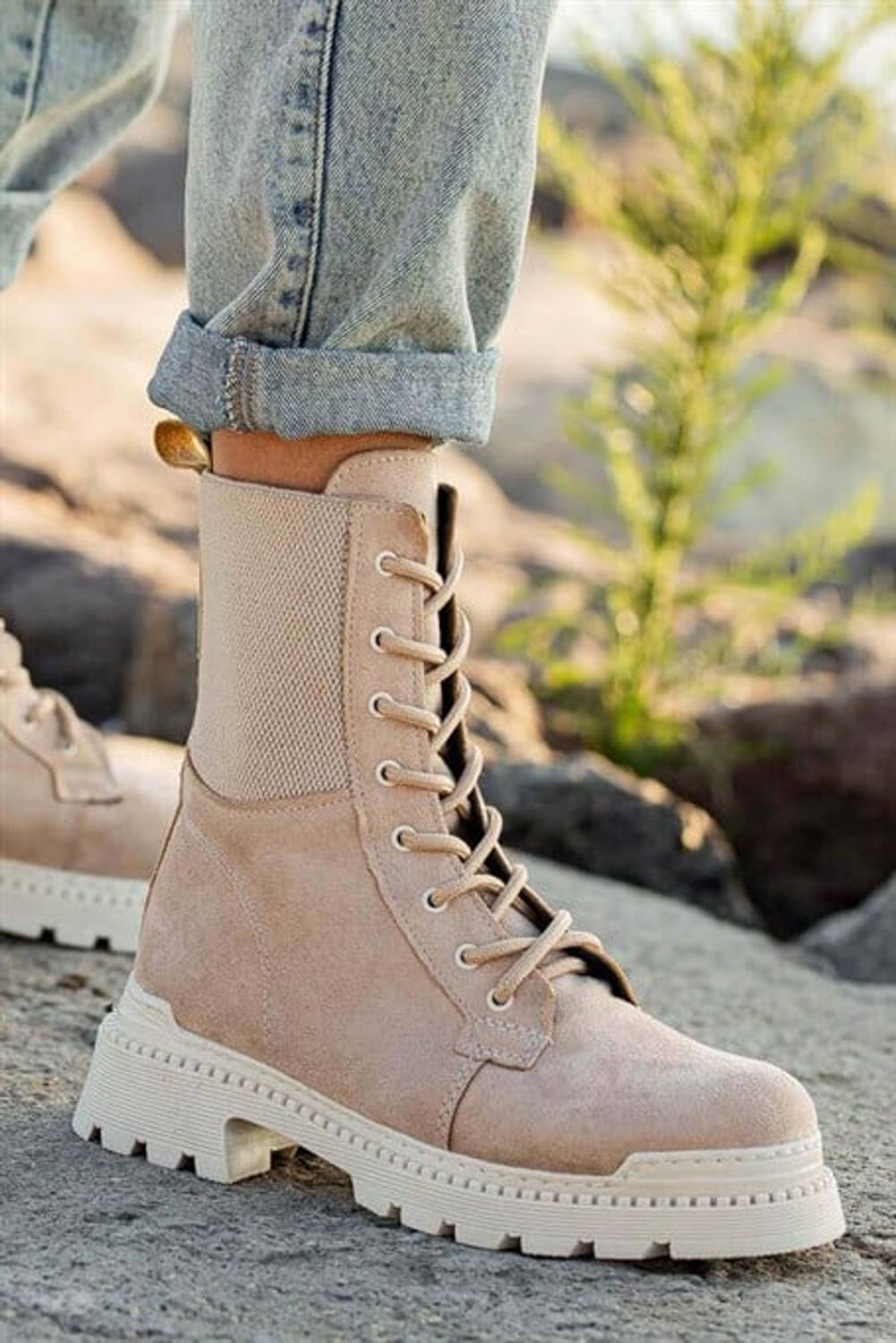 Nude Suede Winter Stylish Women's Below Knee Laced Thick Soled Medium Height Half Boots 4 Cm Daily Heeled Boots