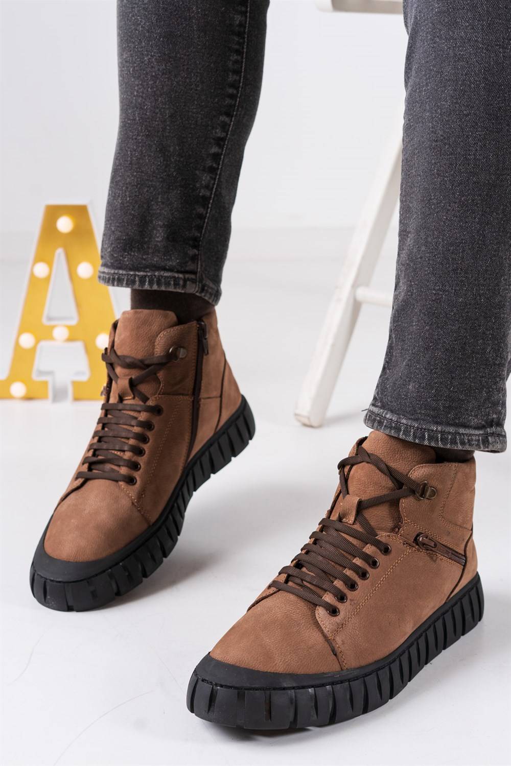 Bağcıklı Fermuarlı Erkek Bot Vizon Nude Kışlık Kaymaz Taban Kauçuk Taban Hakiki Deri