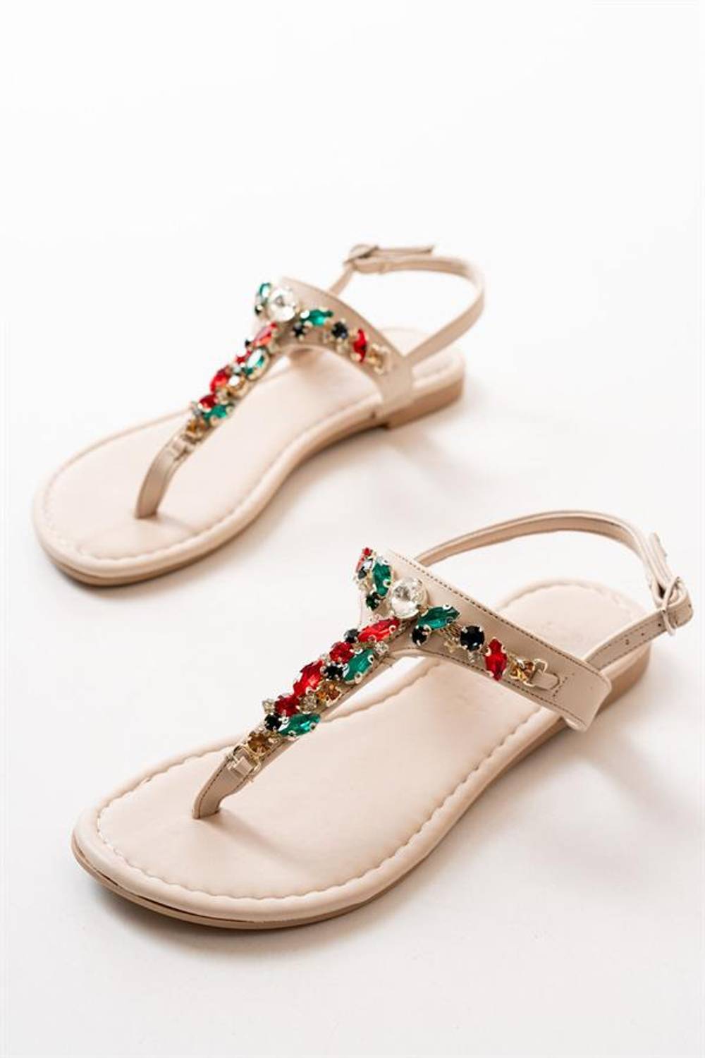 Бежеві жіночі сандалети з камінням, висота каблука 1,5 см, повний розмір, місцеве виробництво, ручна робота