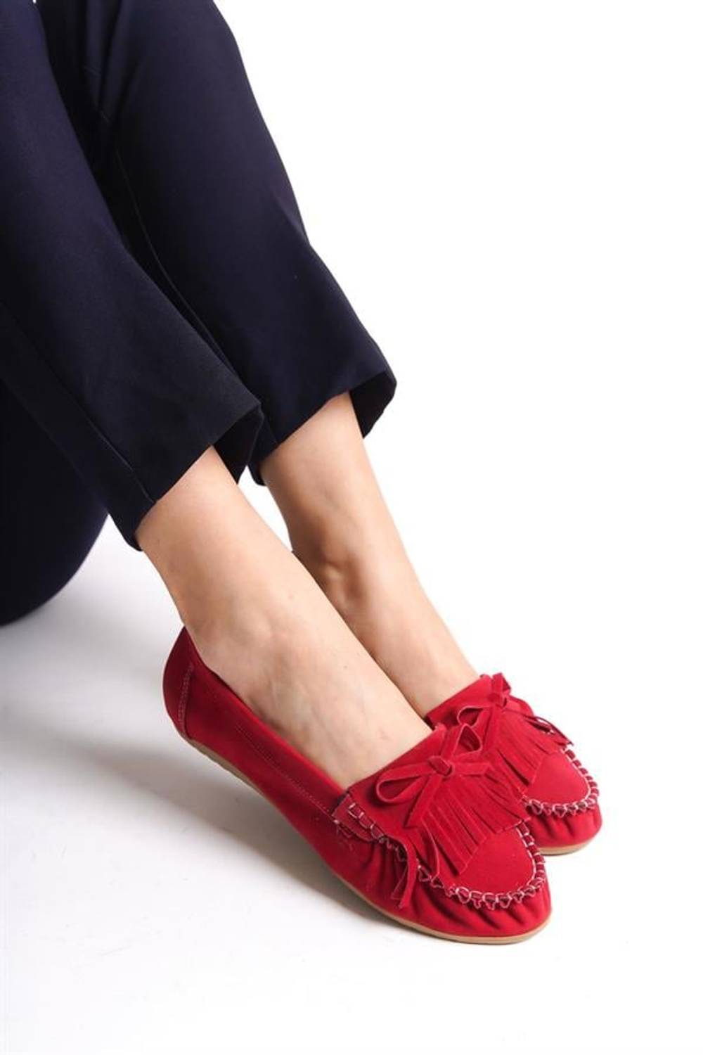 PS-100 Kırmızı Süet Püsküllü Günlük Kadın Babet 