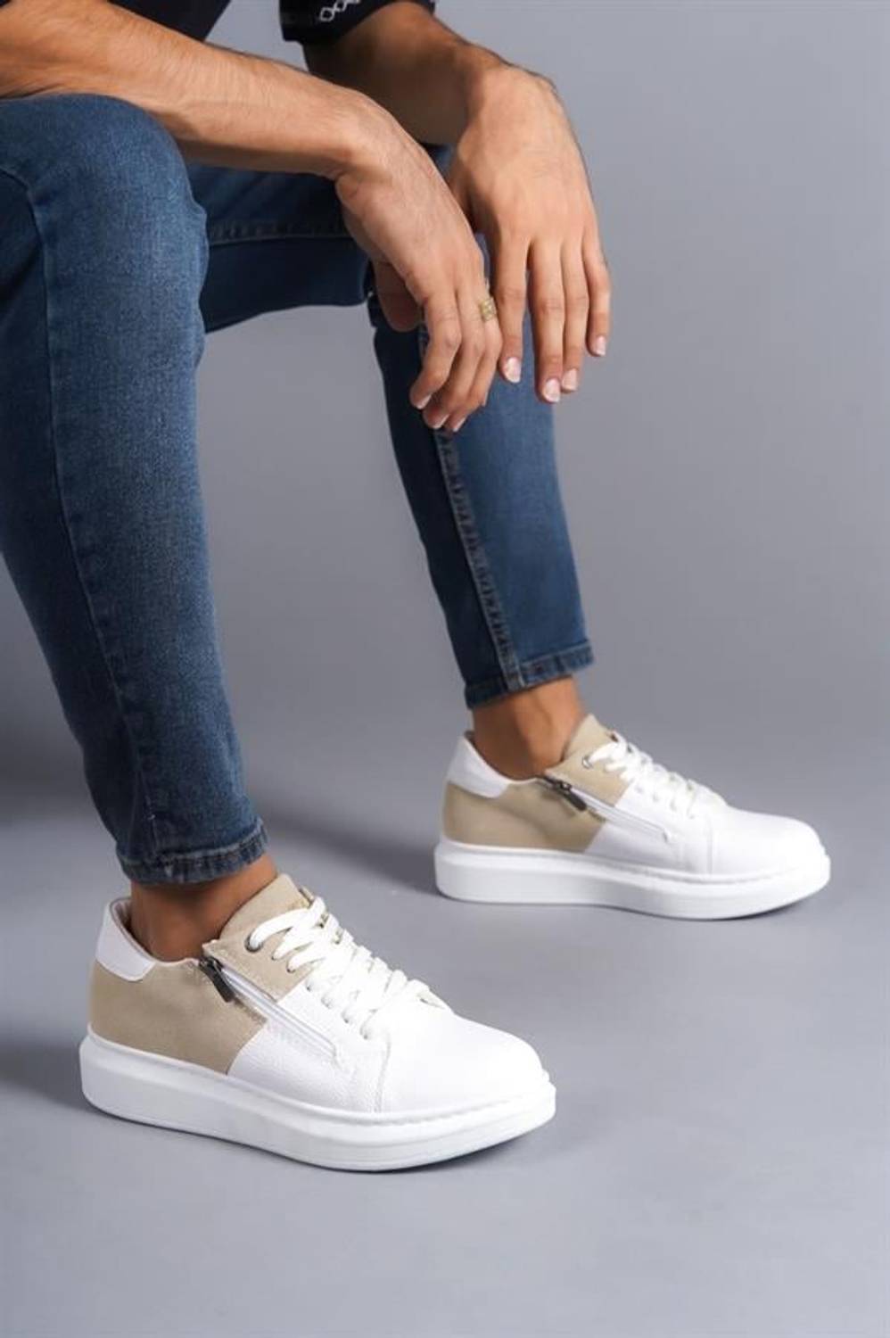 Мужские спортивные кроссовки SLW155 с шнурками и молнией, цвет BT Белый/Кремовый, комфортная ортопедическая стелька, противозадирная подошва