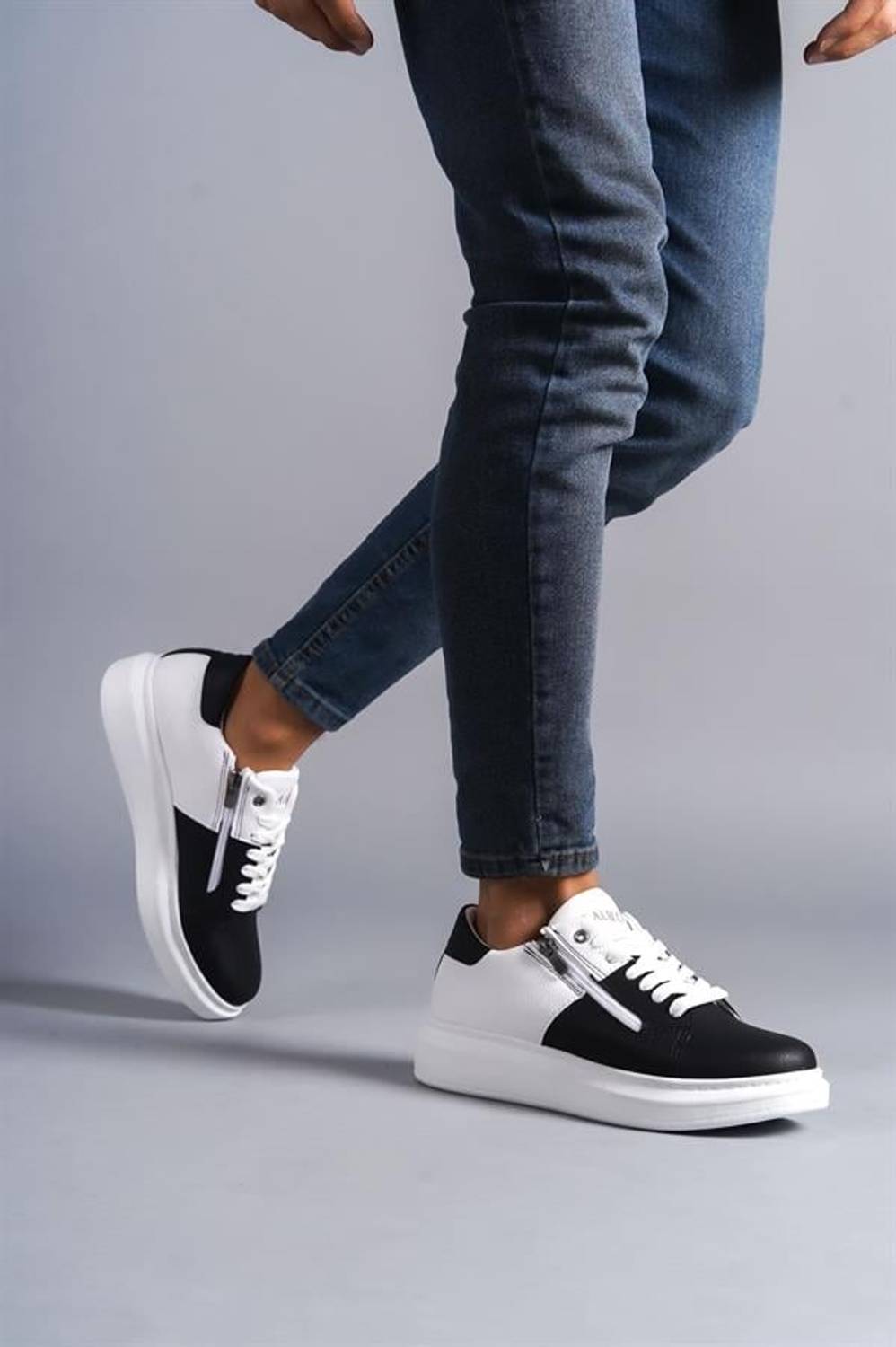 SLW155 Impact Bağcıklı Ve Fermuarlı Cilt Erkek Günlük Sneaker Ayakkabı BT Beyaz/Siyah