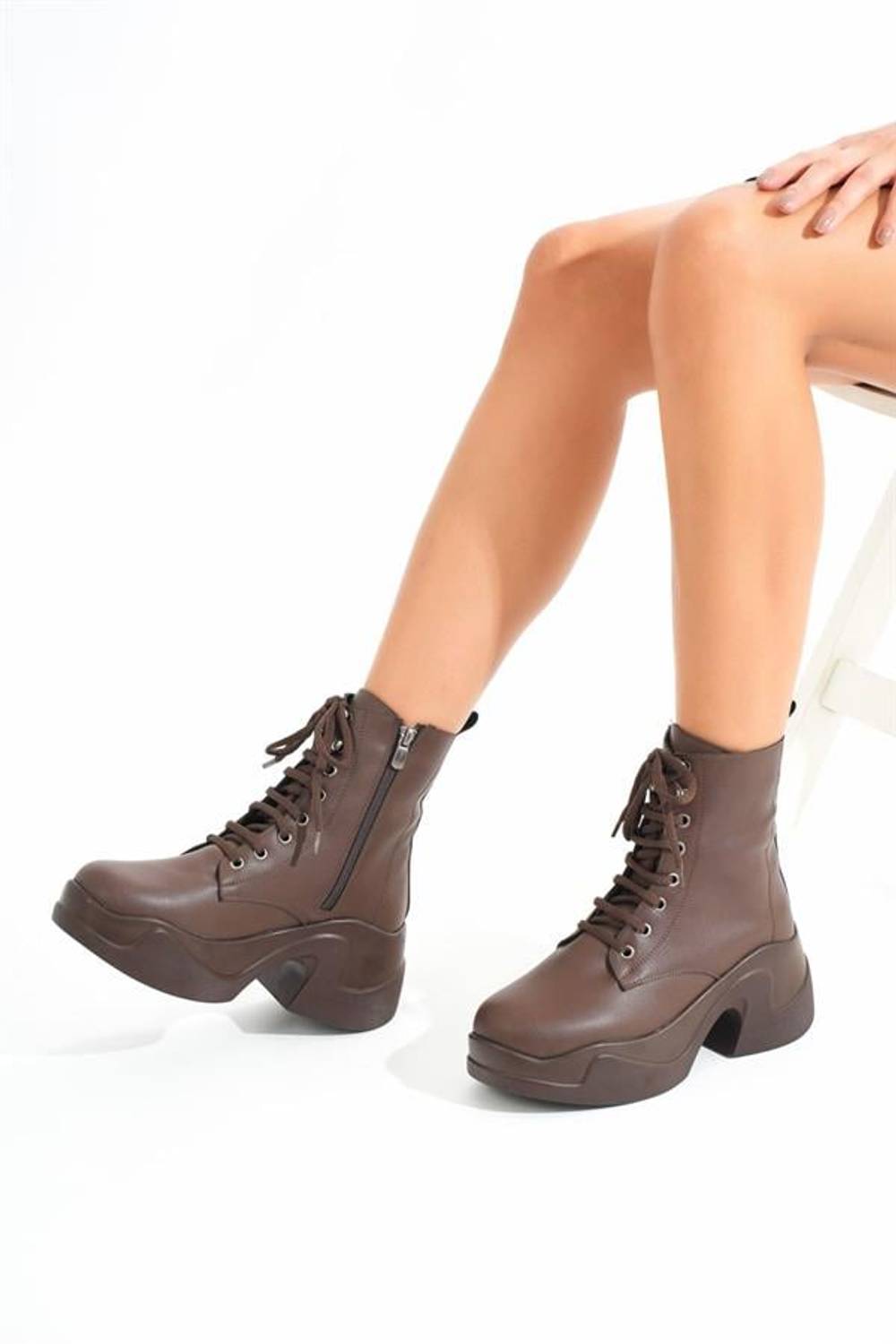 Коричневі жіночі ботинки з високою підошвою та шнурівкою, вироби ручної роботи, 6 см каблук, стандартний розмір