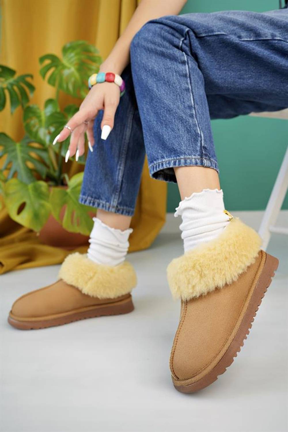 Aymood Kadın Taba Süet Yarım Bot Içi Tüylü Kalın Taban Ayakkabı
