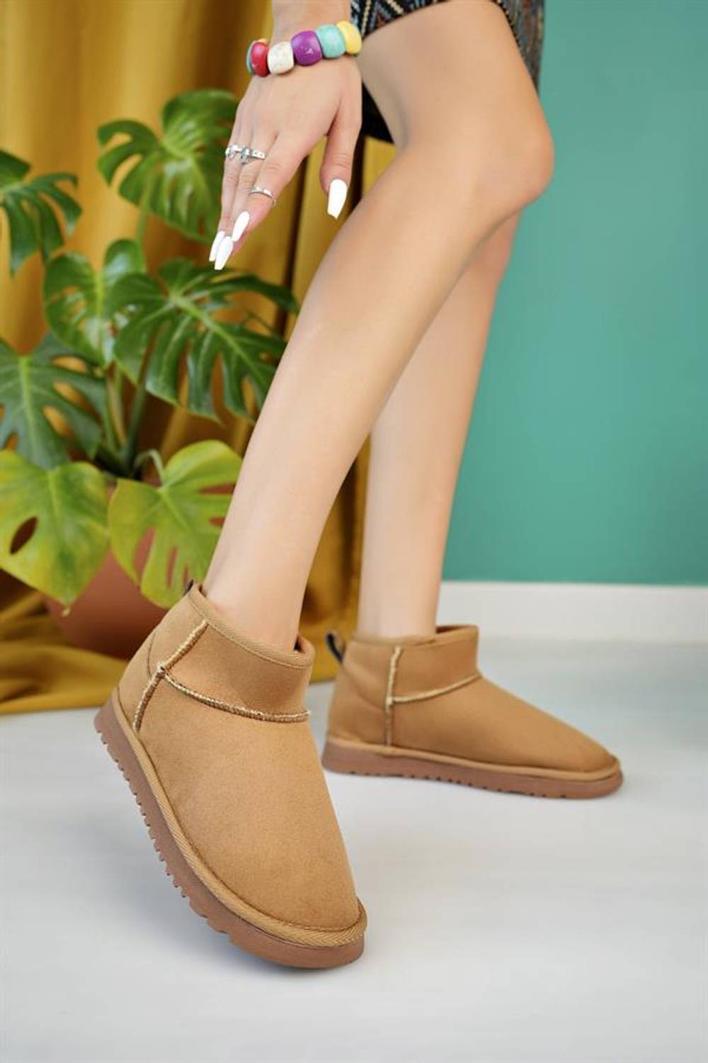 Aymood Kadın Taba Süet Yarım Bot Içi Tüylü Kalın Taban Ayakkabı