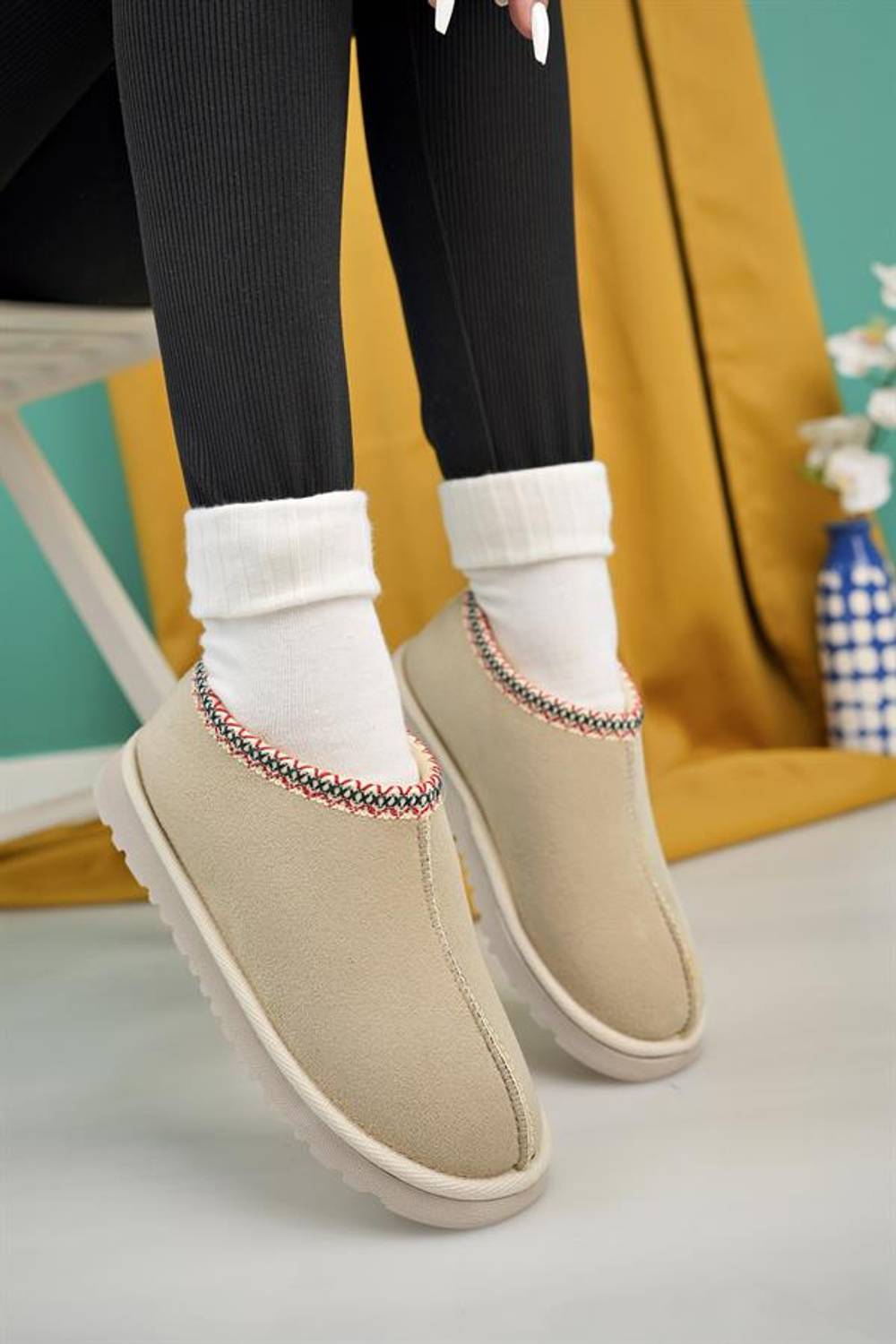 Aymood Kadın Nude Süet Yarım Bot Içi Tüylü Kalın Taban Ayakkabı