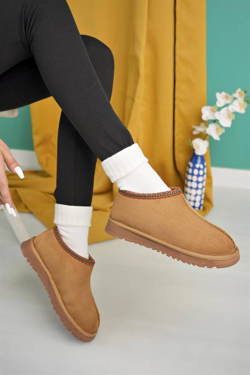 Aymood Kadın Taba Süet Yarım Bot Içi Tüylü Kalın Taban Ayakkabı