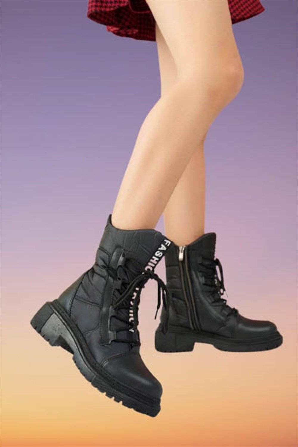 Black Skin Winter Stylish Women's Snow Boots Thick Soled Zippered Laced Medium Size 4 Cm Heel Half PU Leather Casual Boots