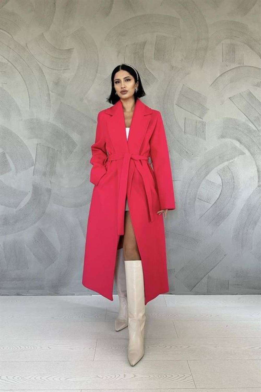 Fuşya Kuşaklı Midi Kaban