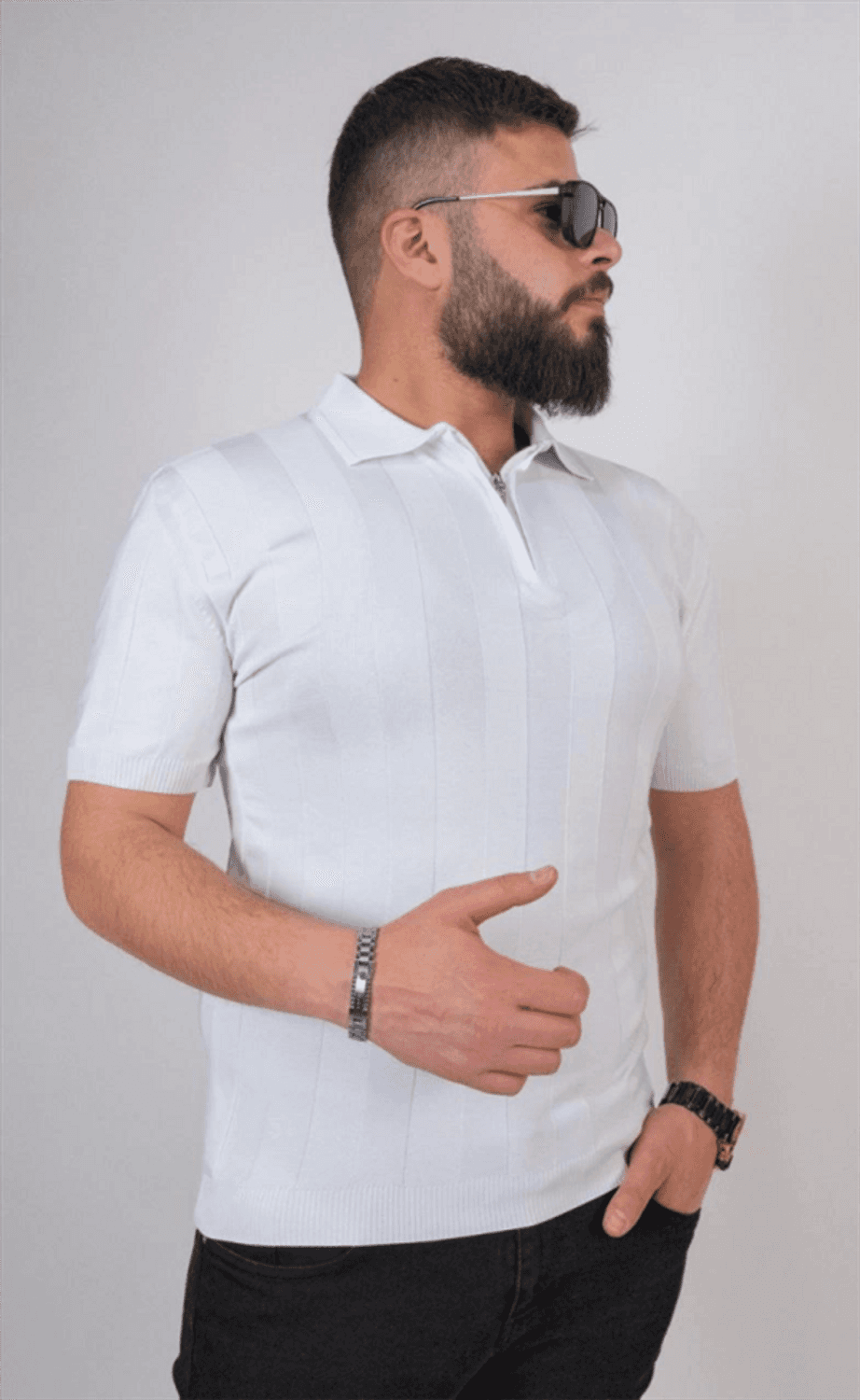 Triko Dokuma Yarım Fermuarlı Yakalı T-Shirt - Beyaz