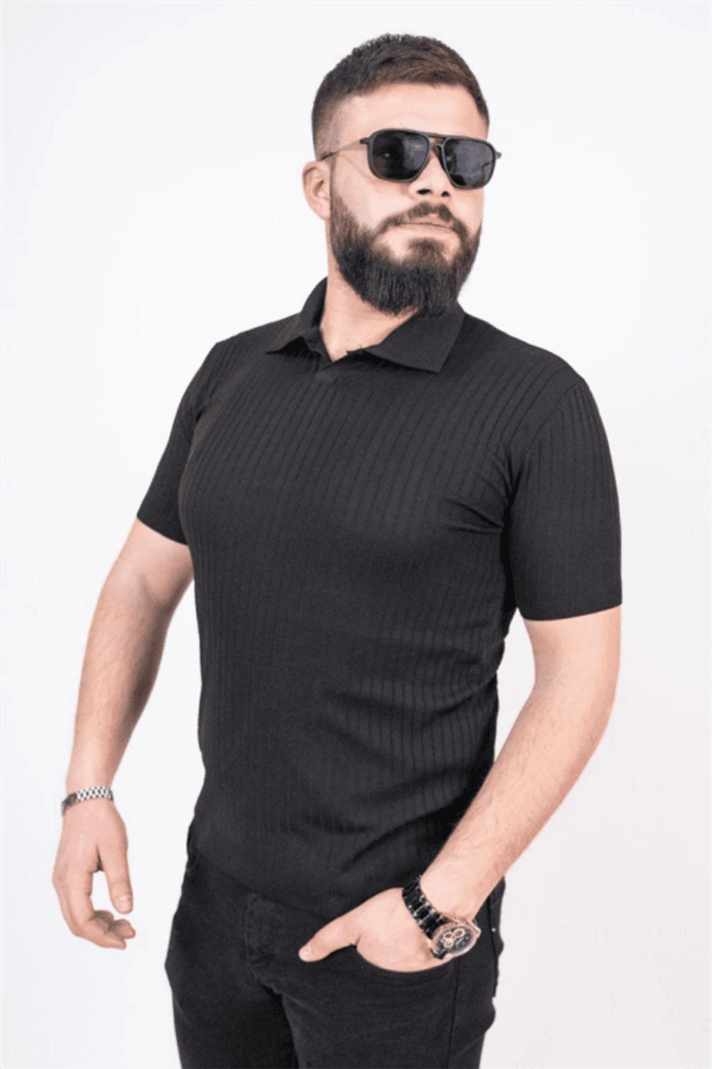 Triko Dokuma Yakalı T-Shirt - Siyah