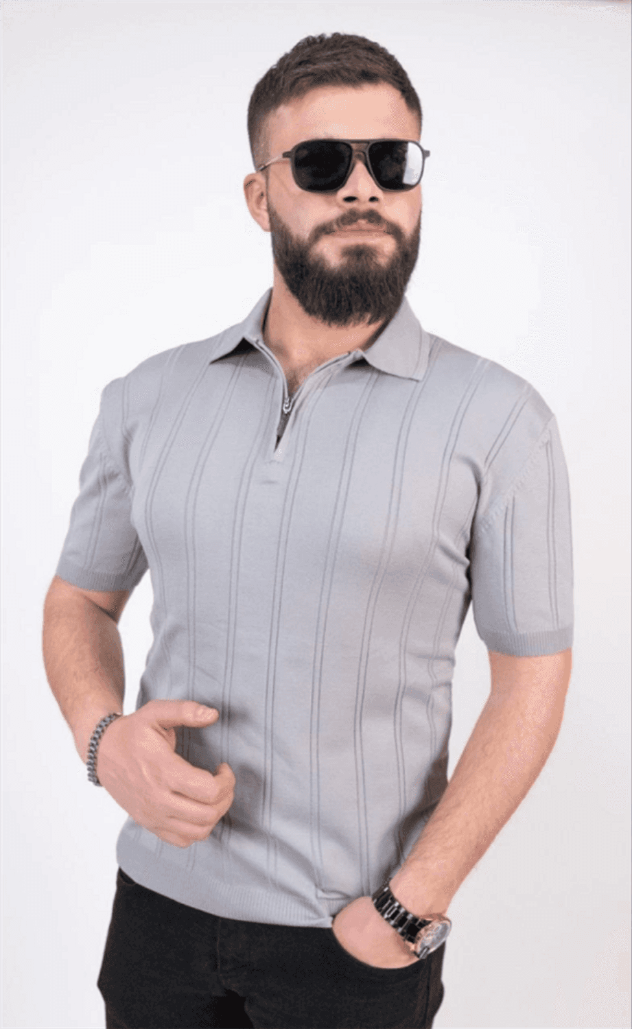 Triko Dokuma Yarım Fermuarlı Yakalı T-Shirt - Gri