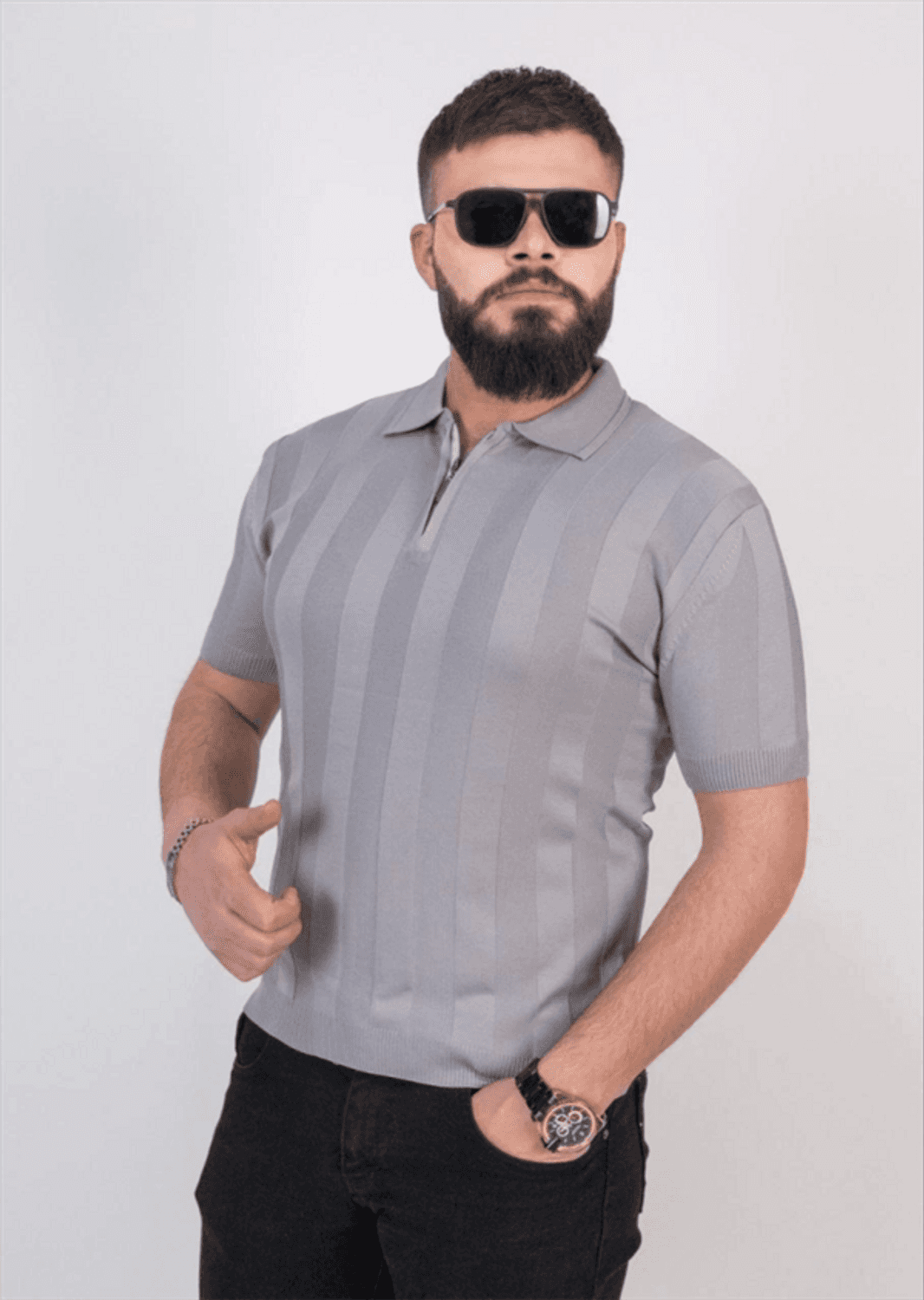 Triko Dokuma Yarım Fermuarlı Yakalı T-Shirt - Gri