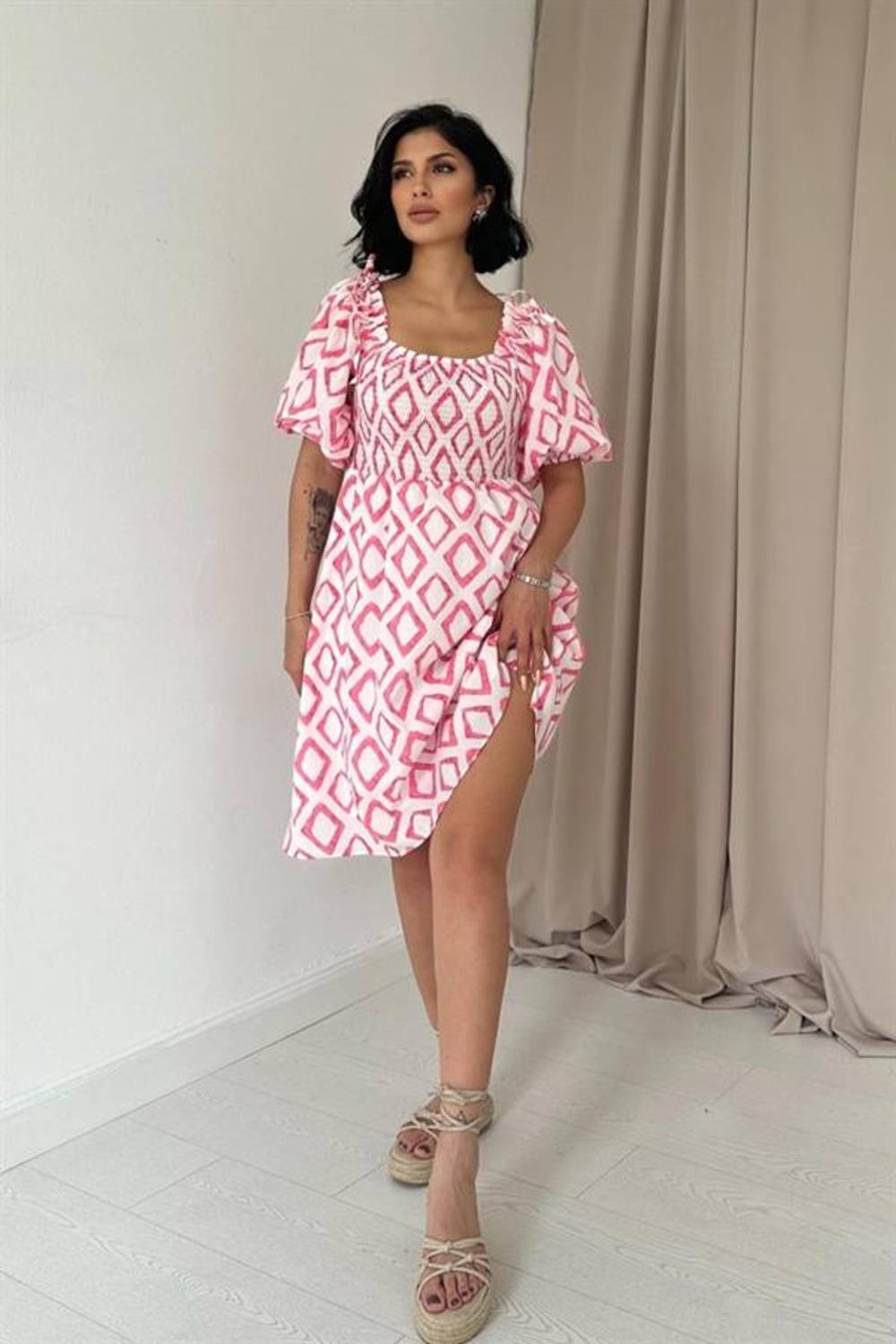 Fuşya Kare Desenli Yazlık Elbise