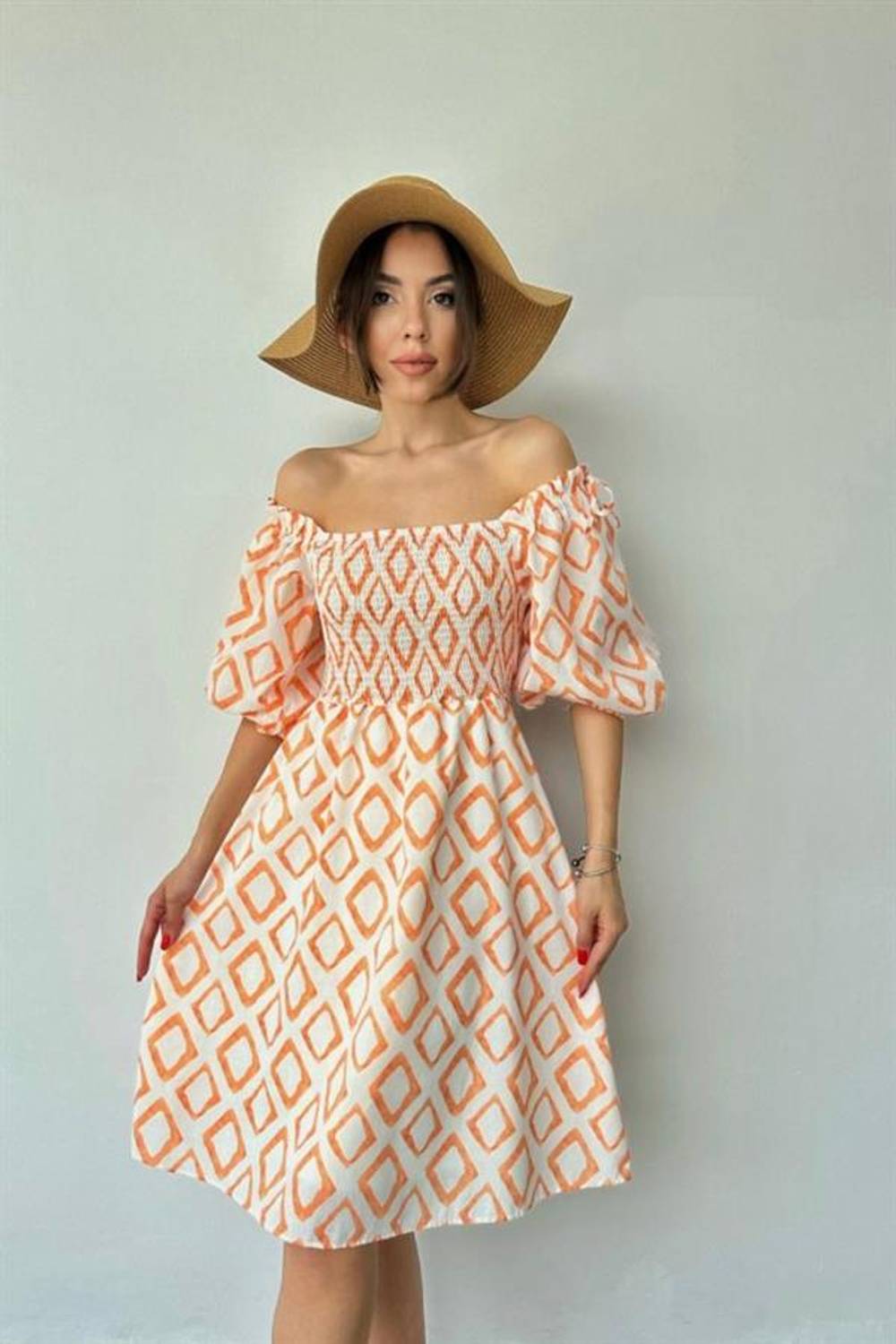 Oranj Kare Desenli Yazlık Elbise