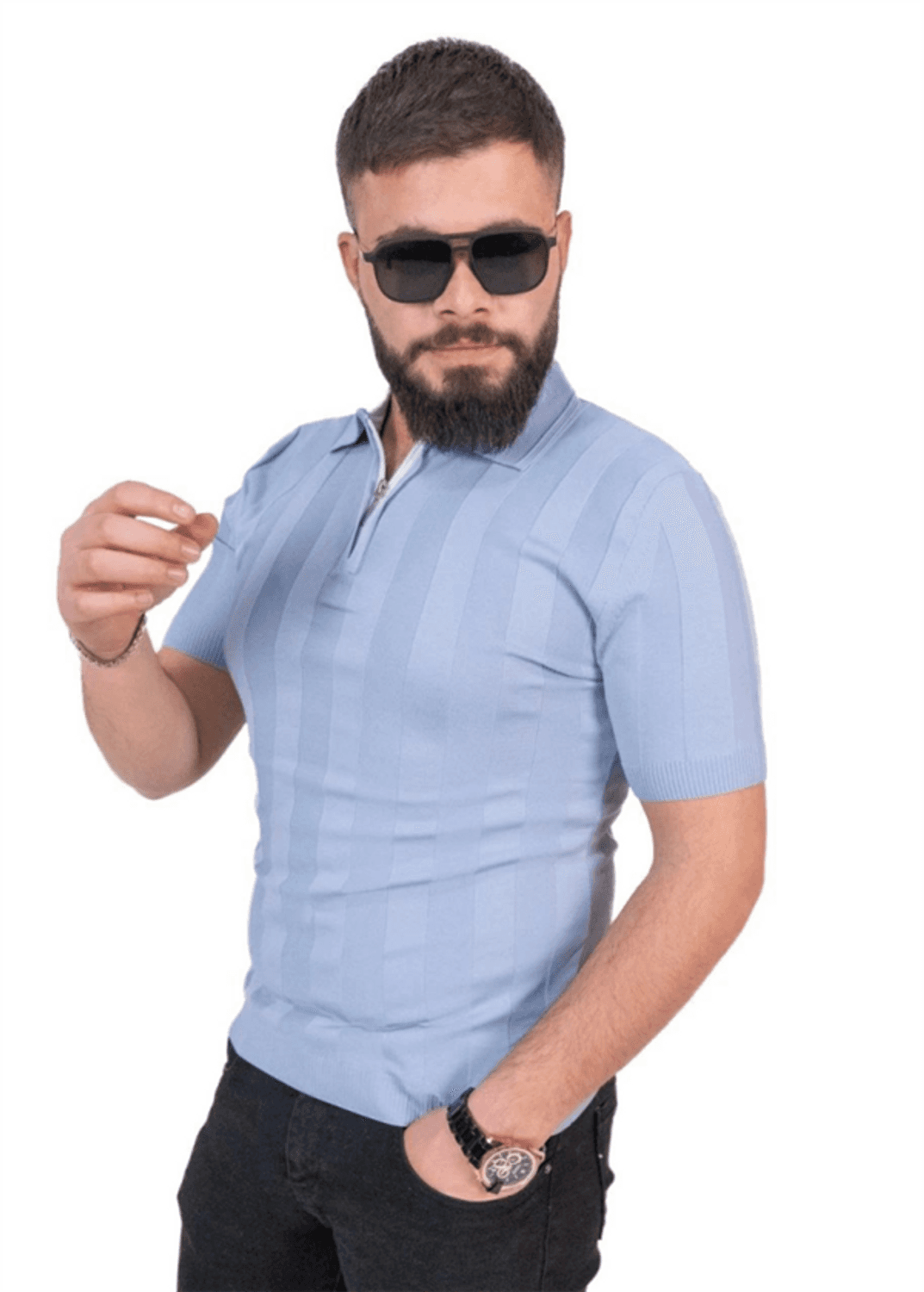 Triko Dokuma Yarım Fermuarlı Yakalı T-Shirt - Açık Mavi