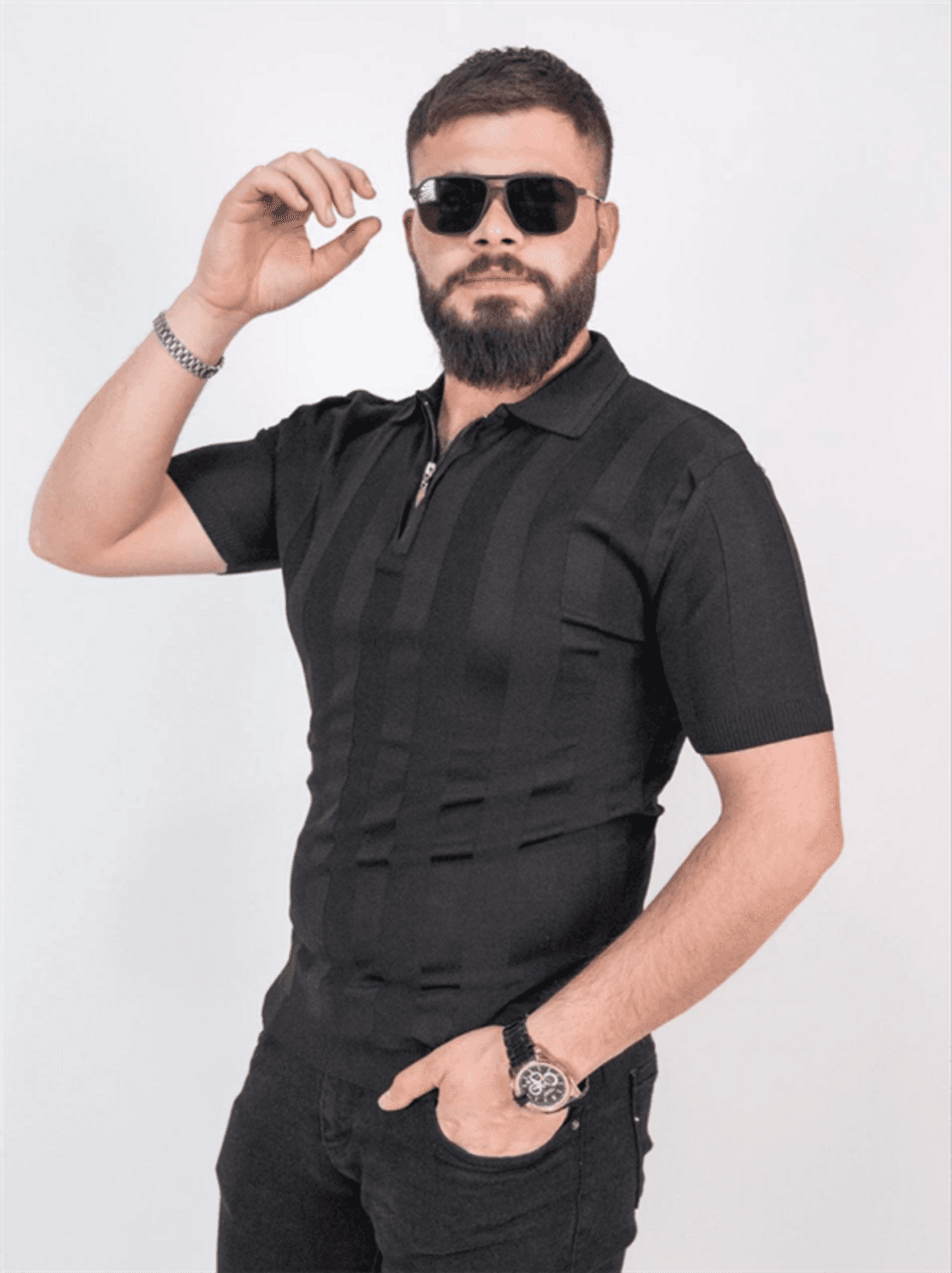 Triko Dokuma Yarım Fermuarlı Yakalı T-Shirt - Siyah