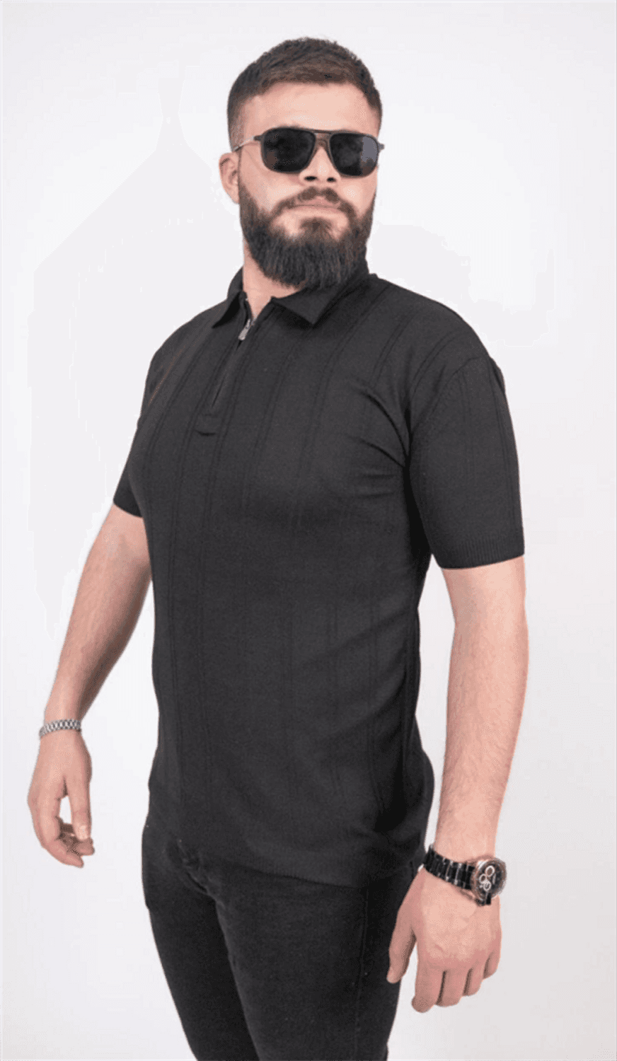 Triko Dokuma Yarım Fermuarlı Yakalı T-Shirt - Siyah