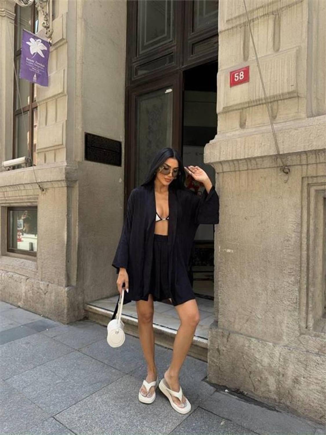 JAKARLI KİMONO - ŞORT TAKIM - Siyah