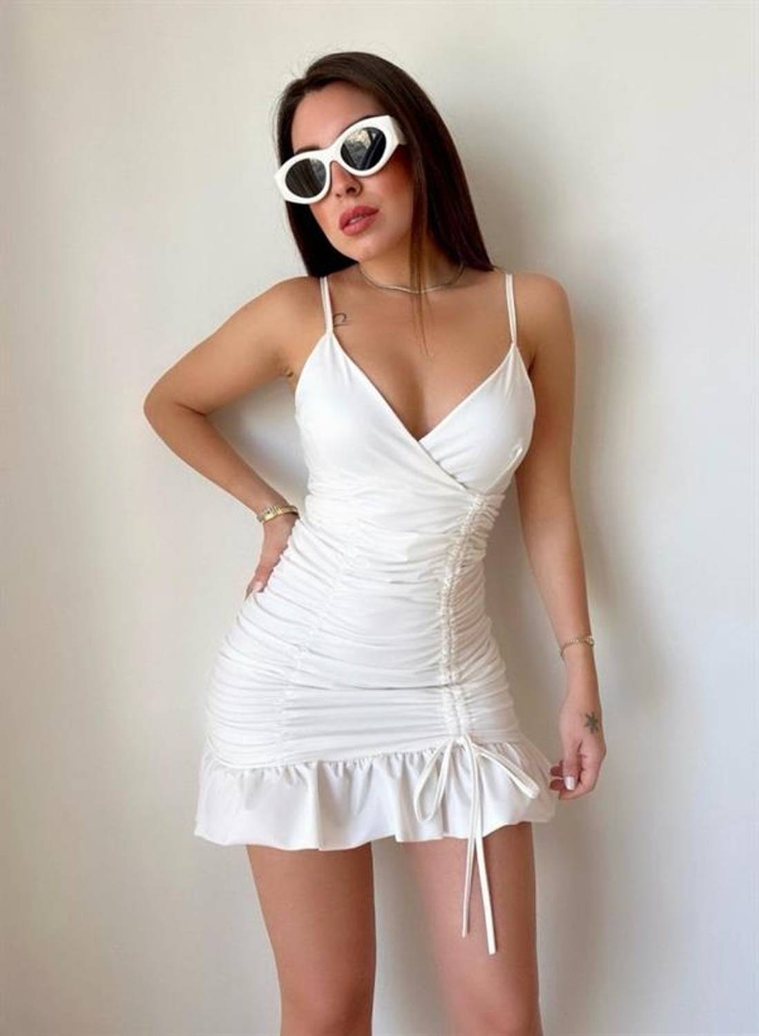 Kadın Fırsat Ürün Deri Kumaş Ayarlanabilir Büzgü Detaylı Mini Elbise