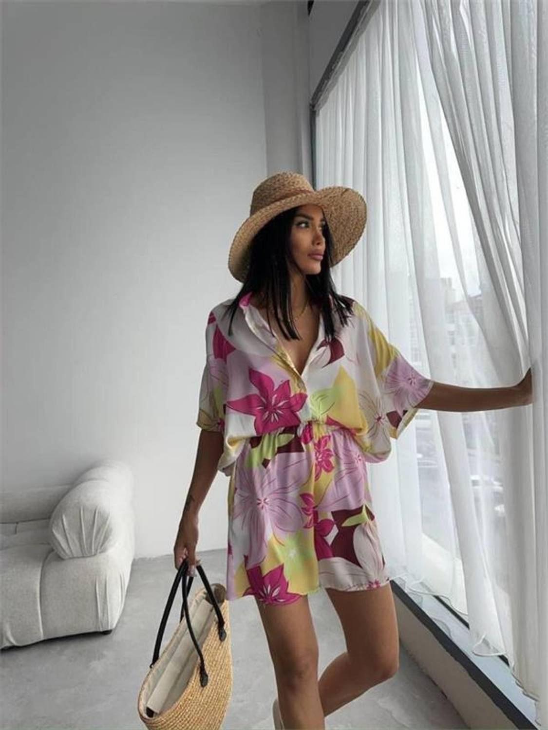 PEMBE DESENLİ SATEN ŞORT GÖMLEK TAKIM - Pembe