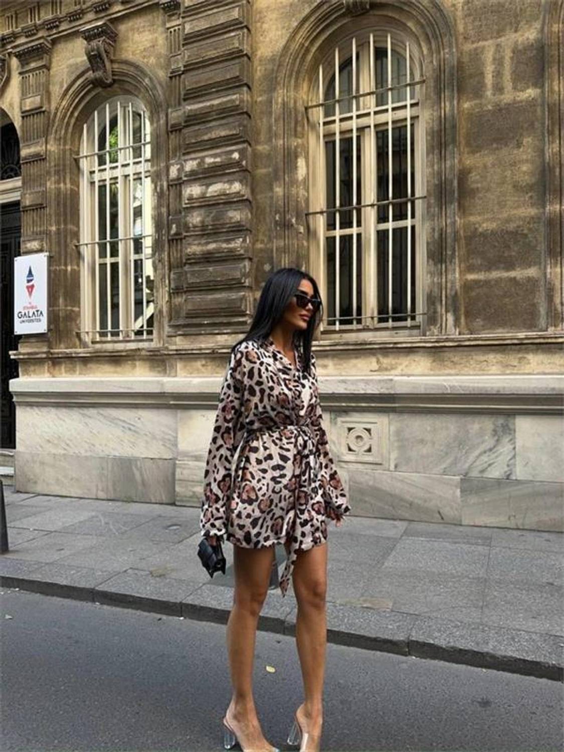 LEOPAR GÖMLEK-BLUZ-ŞORT TAKIM SATEN - Leopar