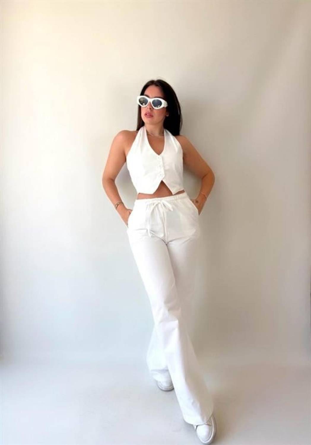 Kadın Gabardin Kumaş Boyundan Bağlamalı Yelek Bluz Salaş Pantolon İkili Takım