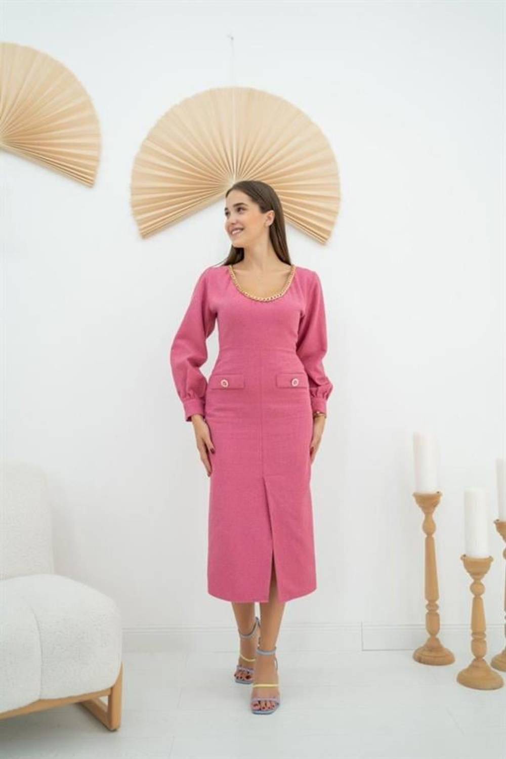 Fuşya Geniş Boğazlı Elbise