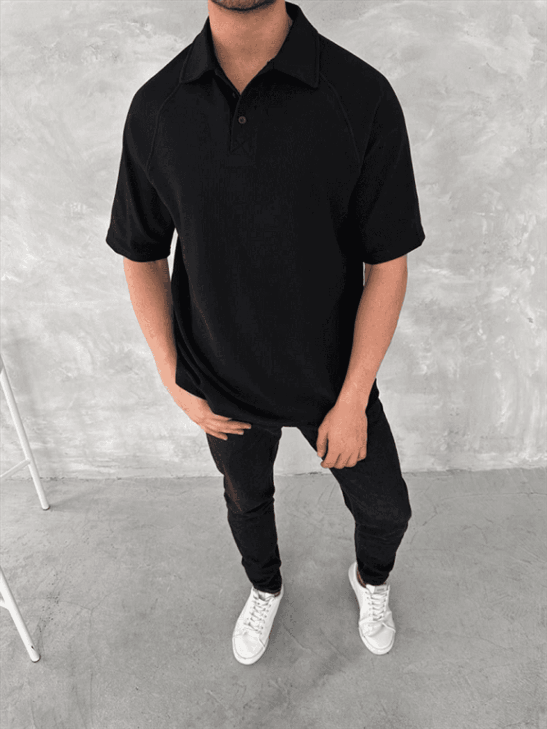 Yakalı Patlı Kısa Kol T-Shirt - Siyah