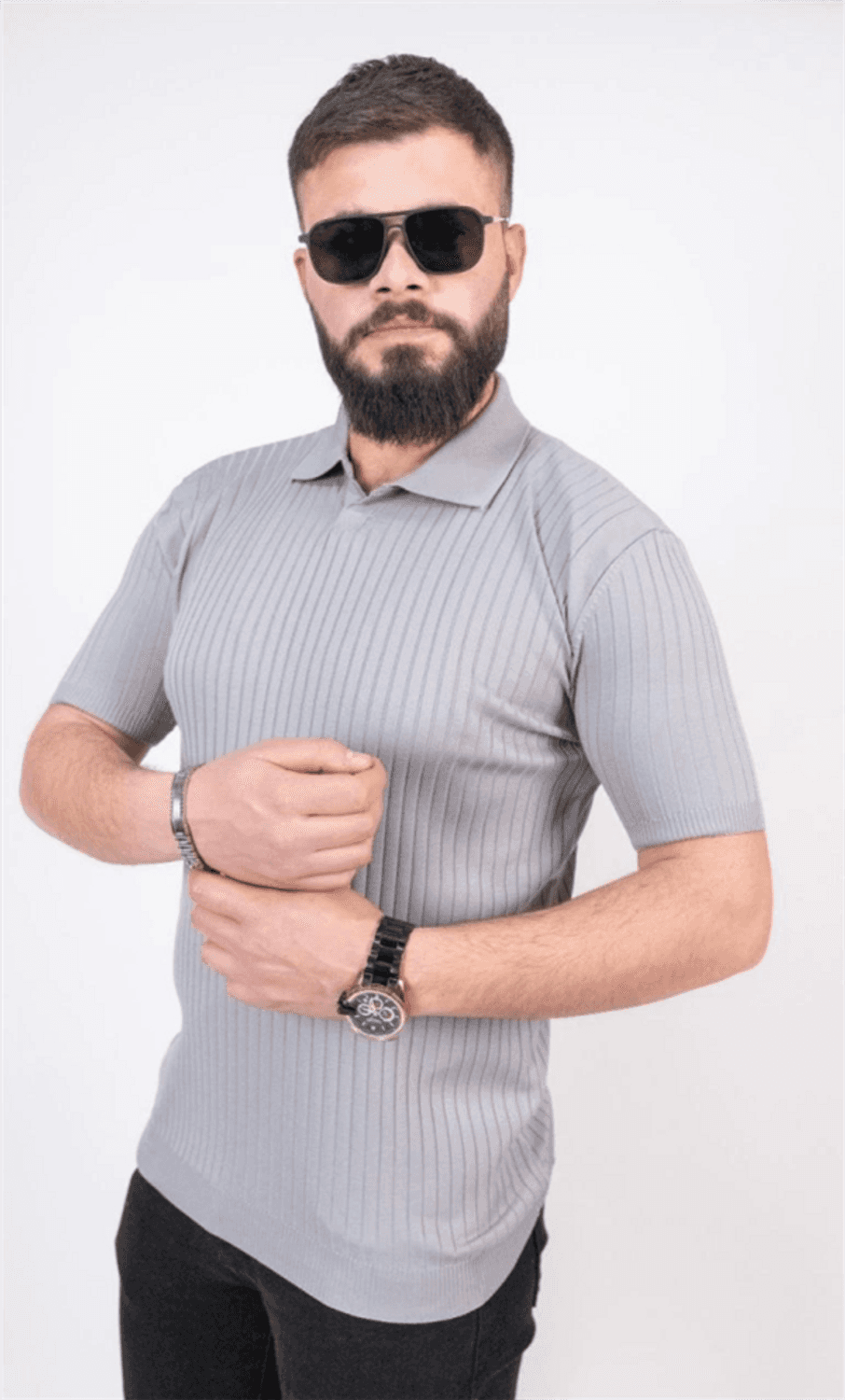 Triko Dokuma Yakalı T-Shirt - Gri