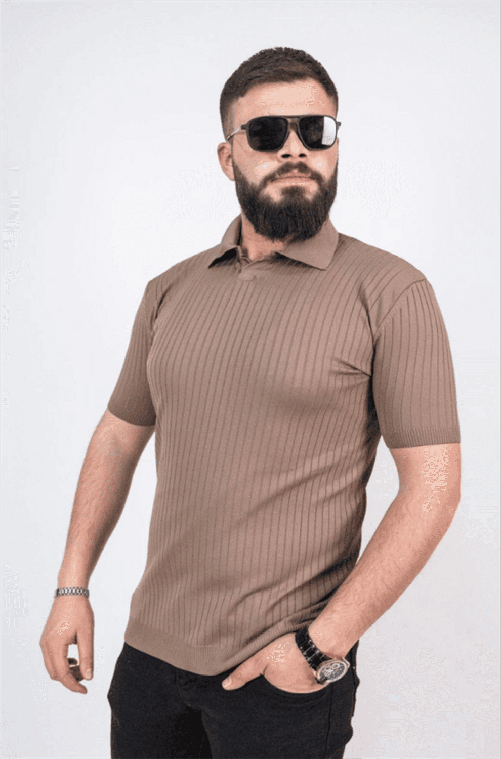 Triko Dokuma Yakalı T-Shirt - Kahverengi