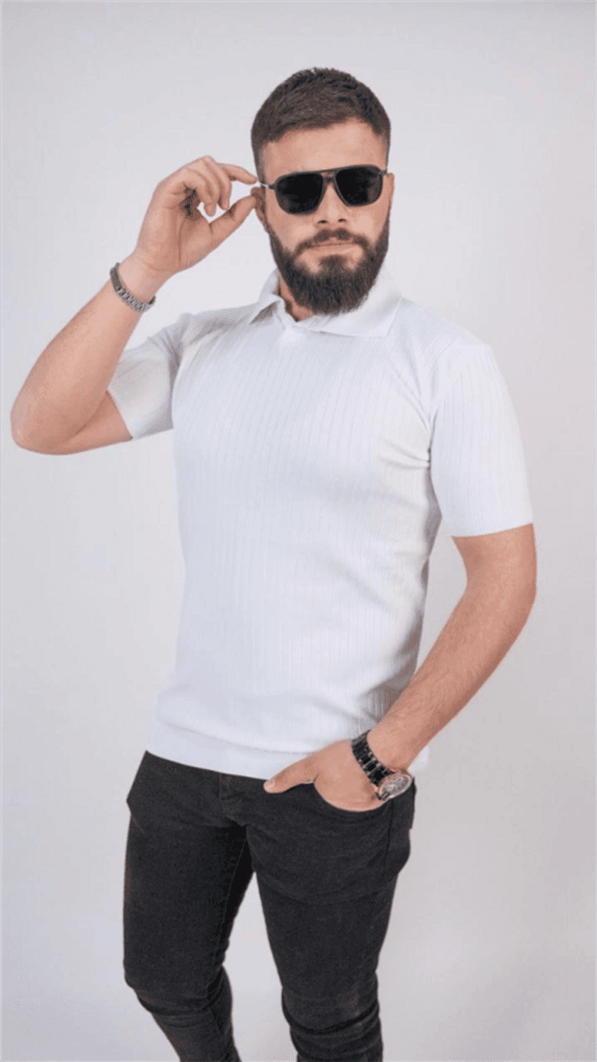 Triko Dokuma Yakalı T-Shirt - Beyaz