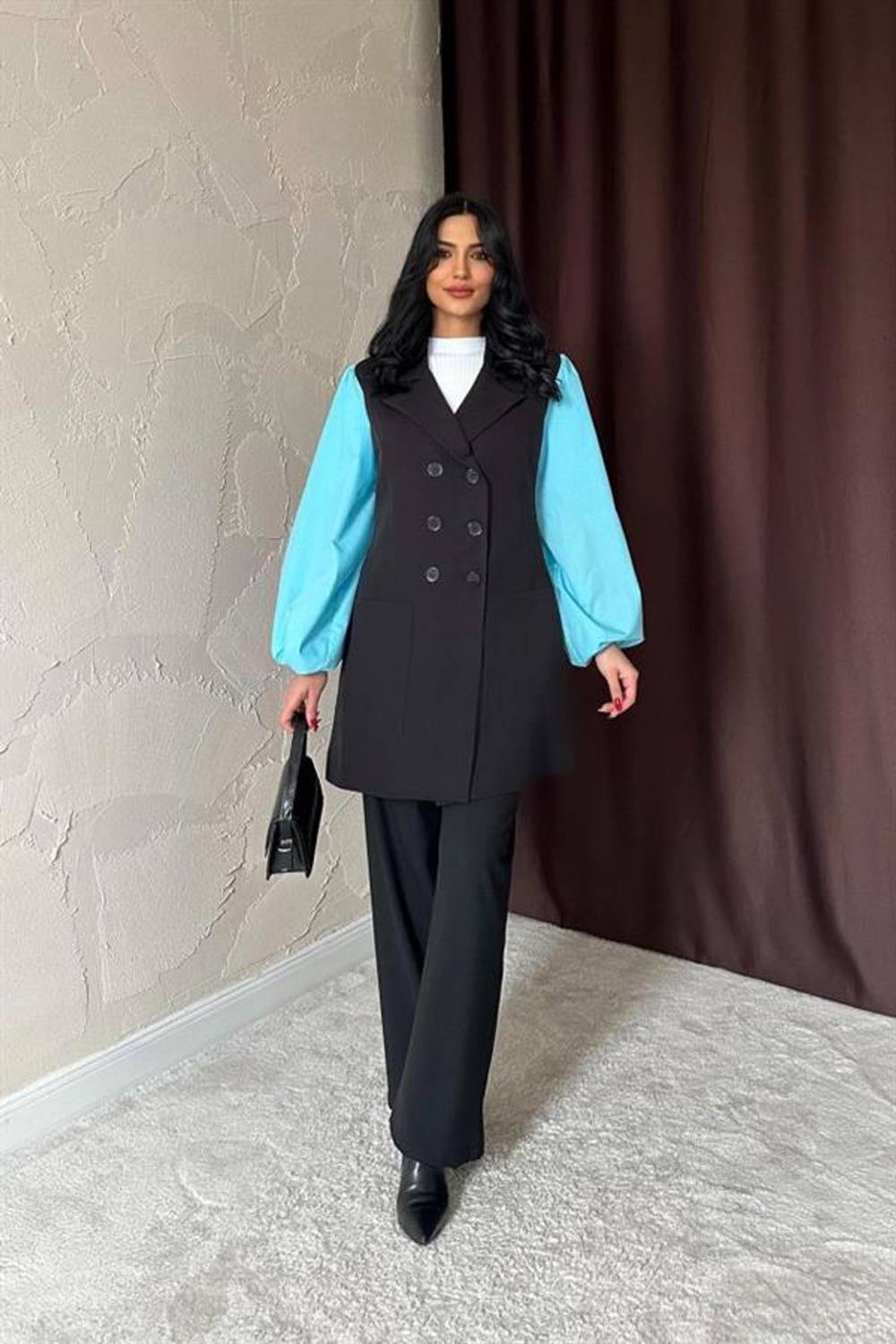 Siyah Mavi Garnili Ceket Elbise