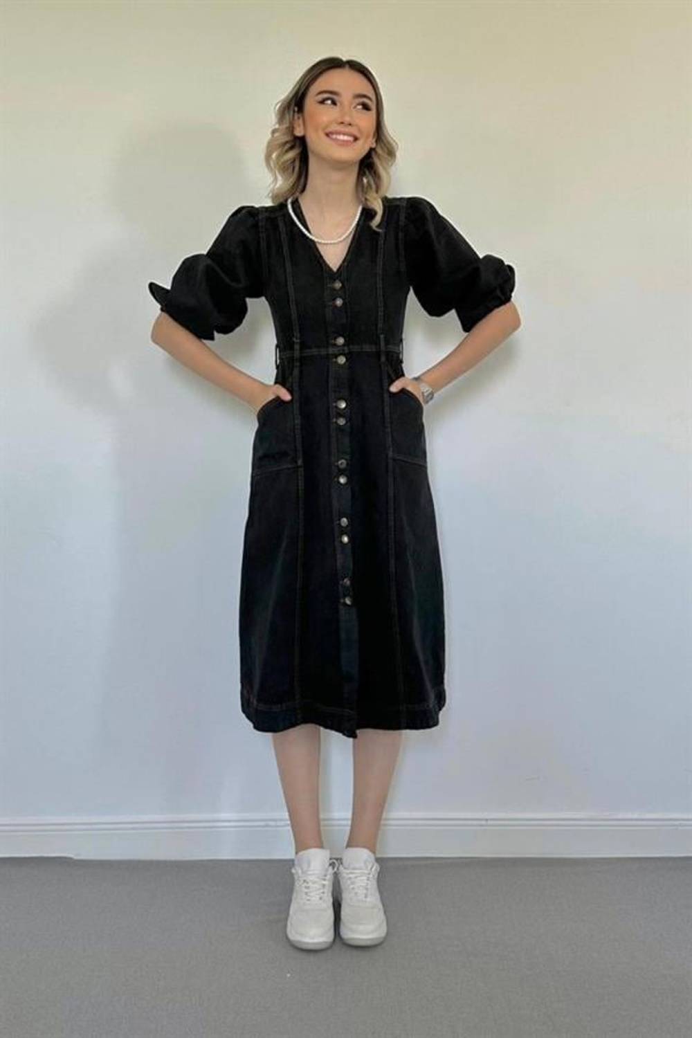 Siyah Balon Kol Kot Elbise