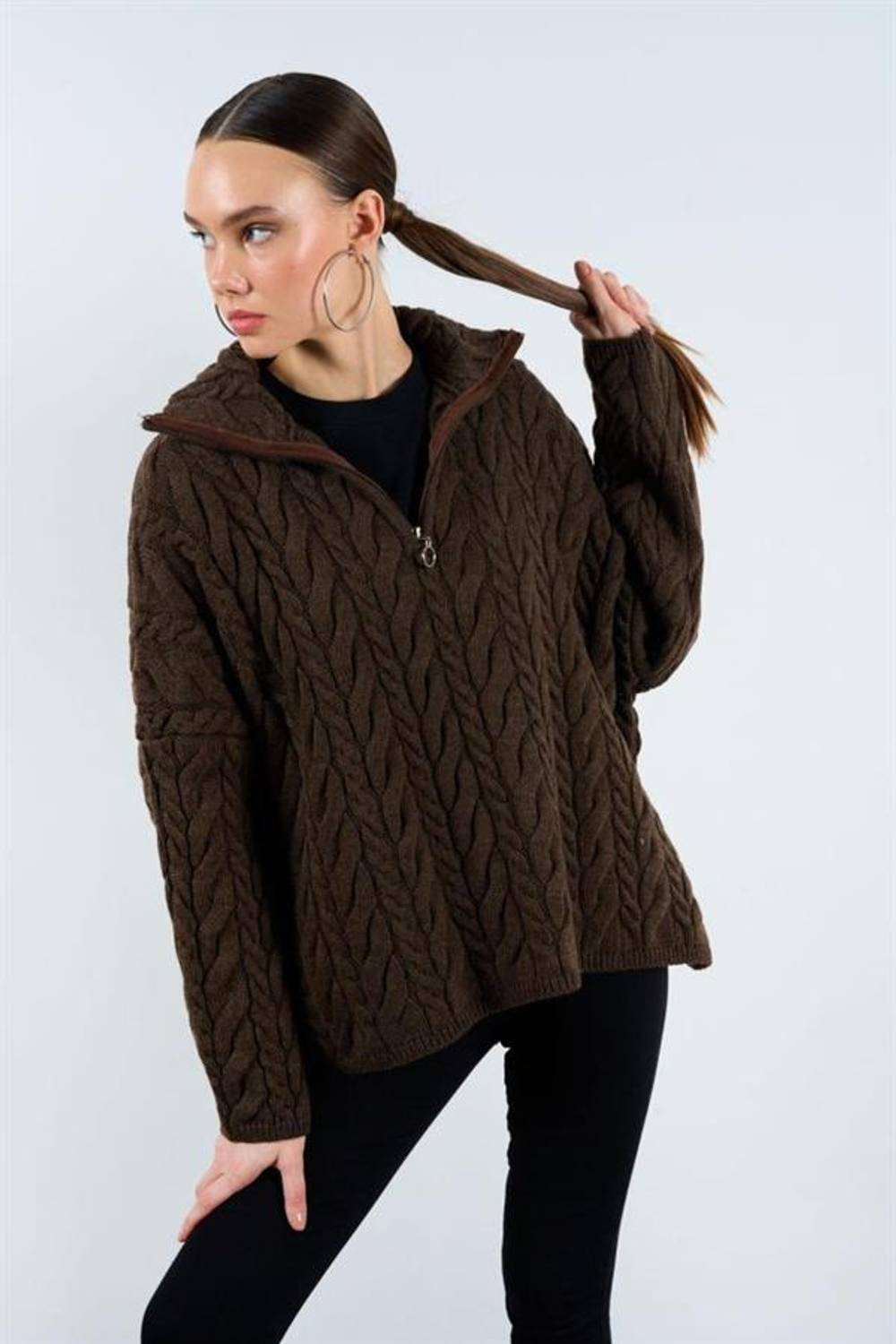 Saç Örgülü Fermuarlı Kazak - KAHVE