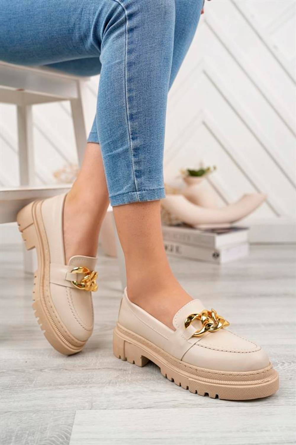 Aymood Kadın Nude Zincirli Kalın Taban Loafer Makosen Ayakkabı