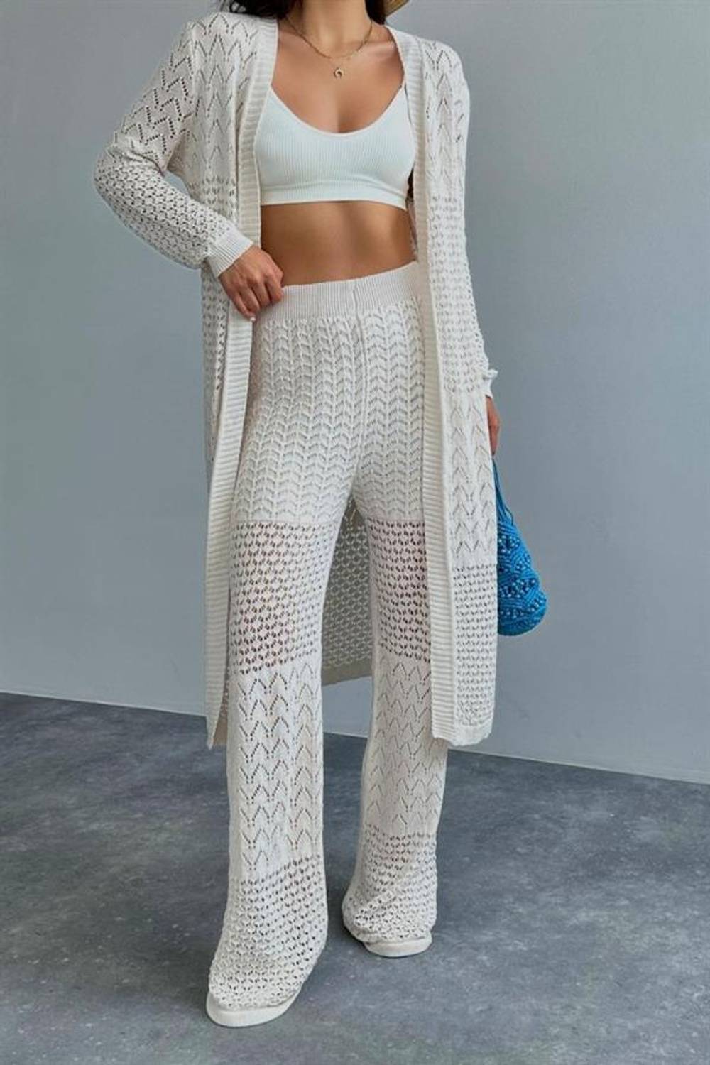 Ajurlu Uzun Hırkalı Takım - Krem