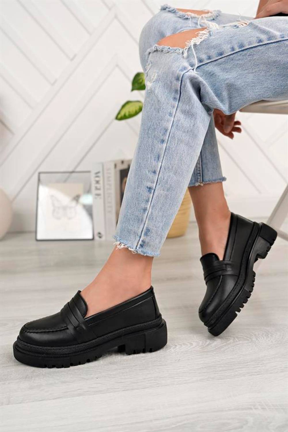 Kadın Loafer Yuvarlak Burun Maskülen Bağcıksız Yüksek Dolgu Taban Oxford Ayakkabı E Siyah Cilt