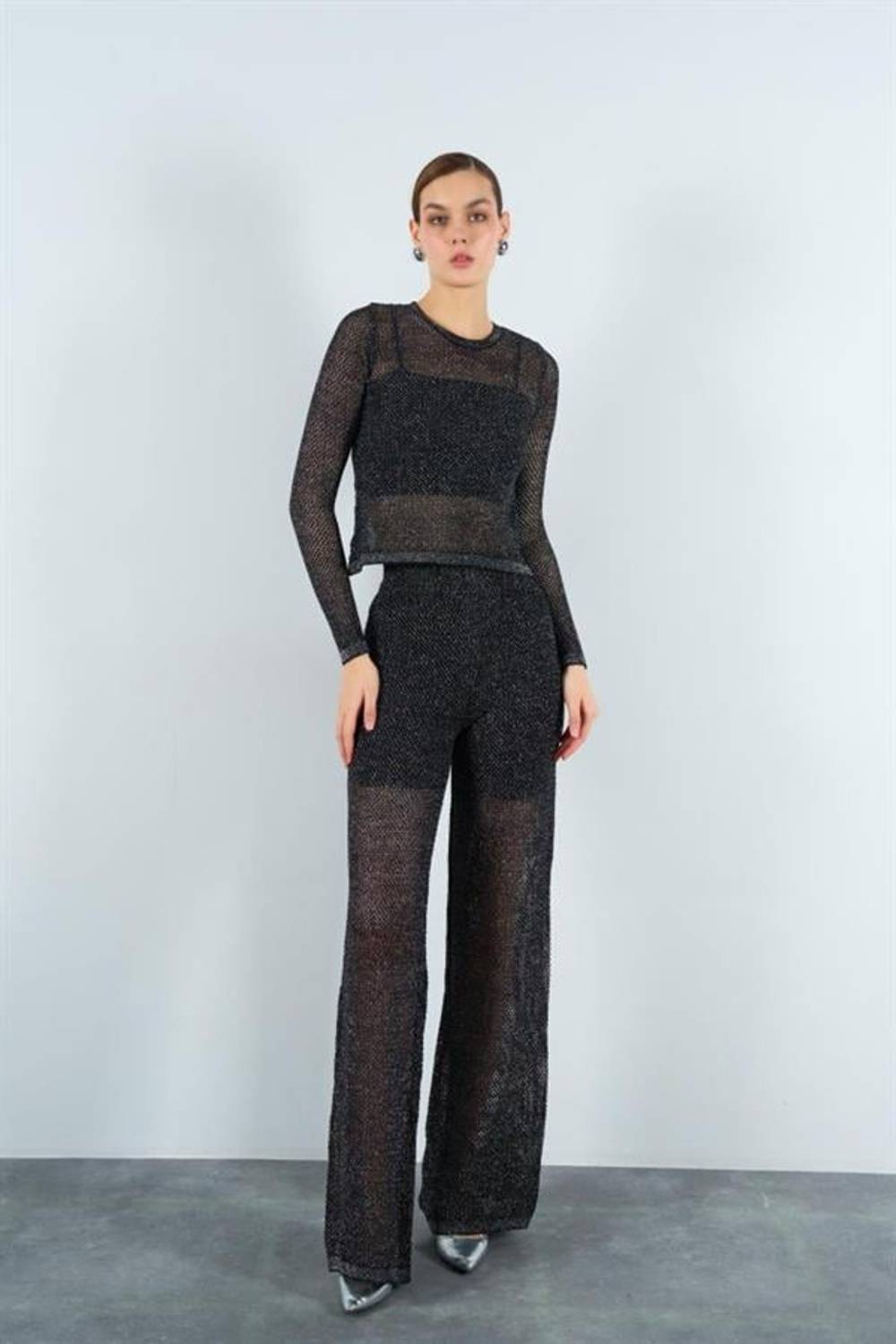 Simli File Desen Takım - Siyah-Gümüş