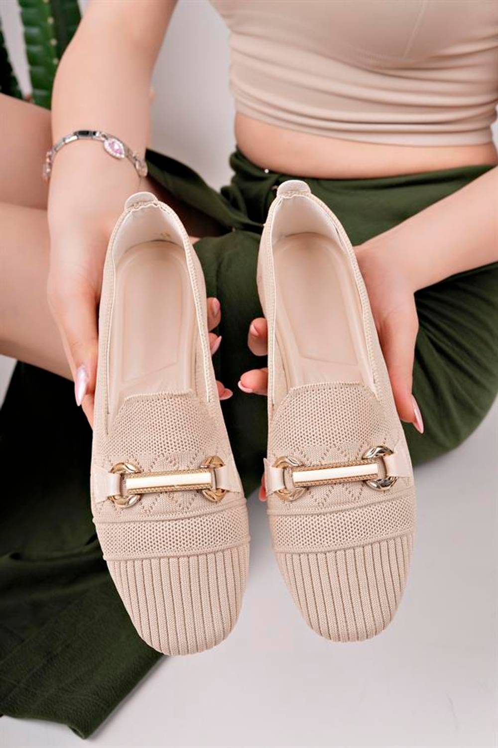 Aymood Tokalı Triko Babet  Nude Kadın Örme Babet Ayakkabı Kadın Ayakkabı Günlük Ayakkabı