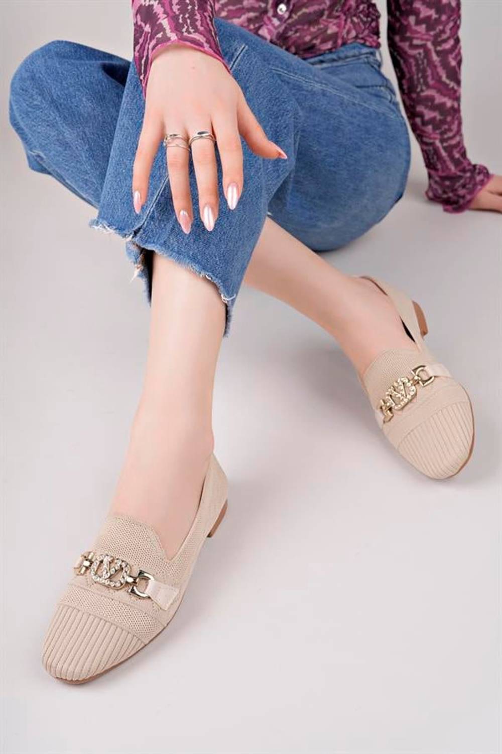 Aymood Tokalı Triko Babet  Nude Kadın Örme Babet Ayakkabı Kadın Ayakkabı Günlük Ayakkabı