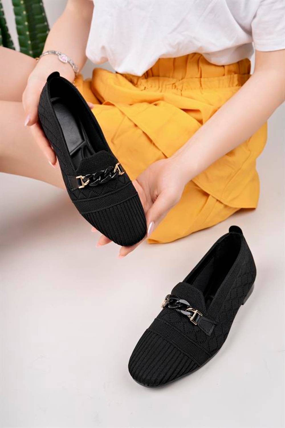 Aymood Tokalı Triko Babet Siyah Kadın Örme Babet Ayakkabı Kadın Ayakkabı Günlük Ayakkabı