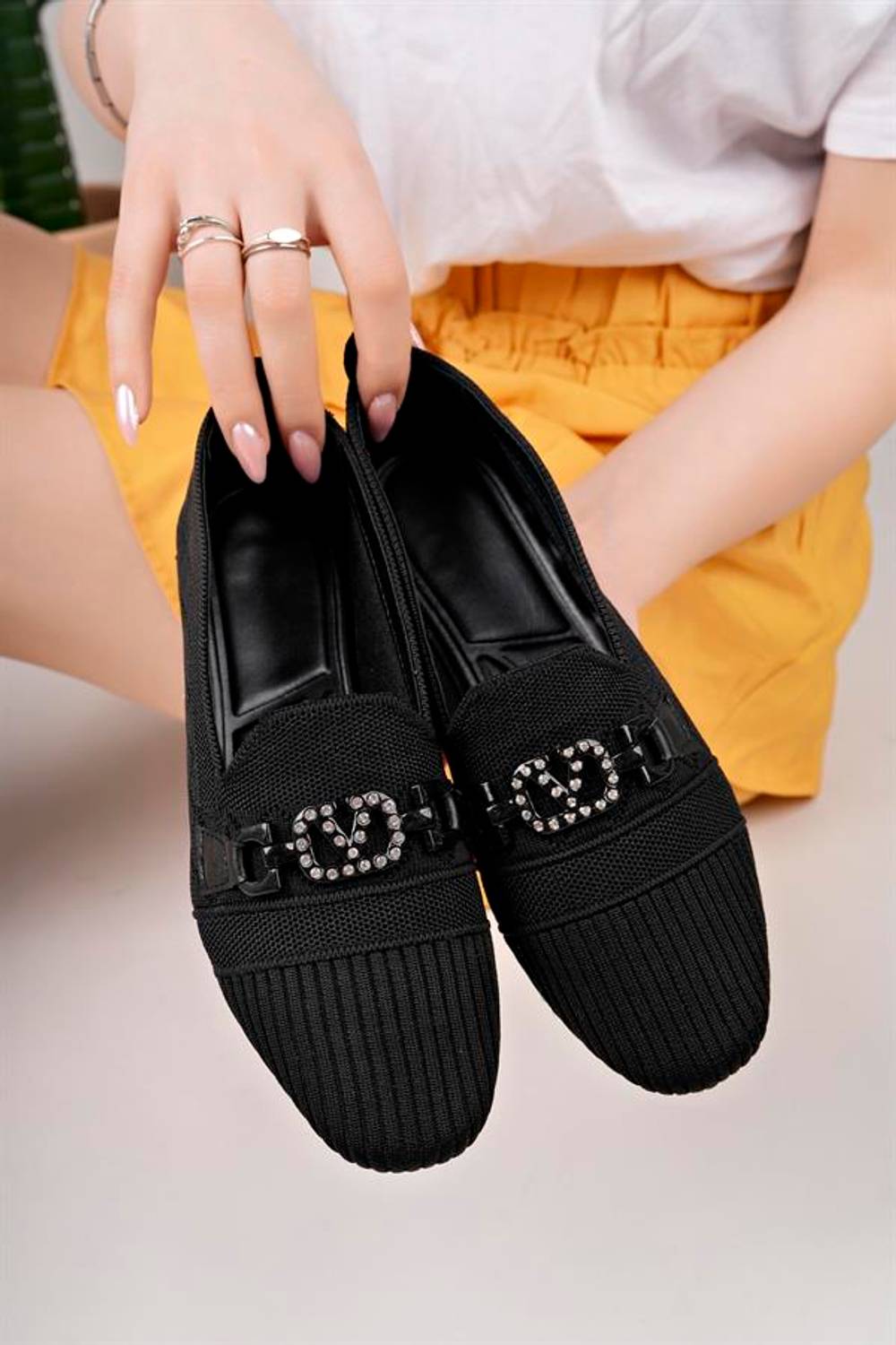 Aymood Tokalı Triko Babet Siyah Kadın Örme Babet Ayakkabı Kadın Ayakkabı Günlük Ayakkabı
