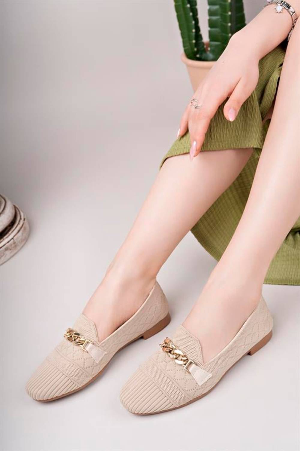 Aymood Tokalı Triko Babet  Nude Kadın Örme Babet Ayakkabı Kadın Ayakkabı Günlük Ayakkabı