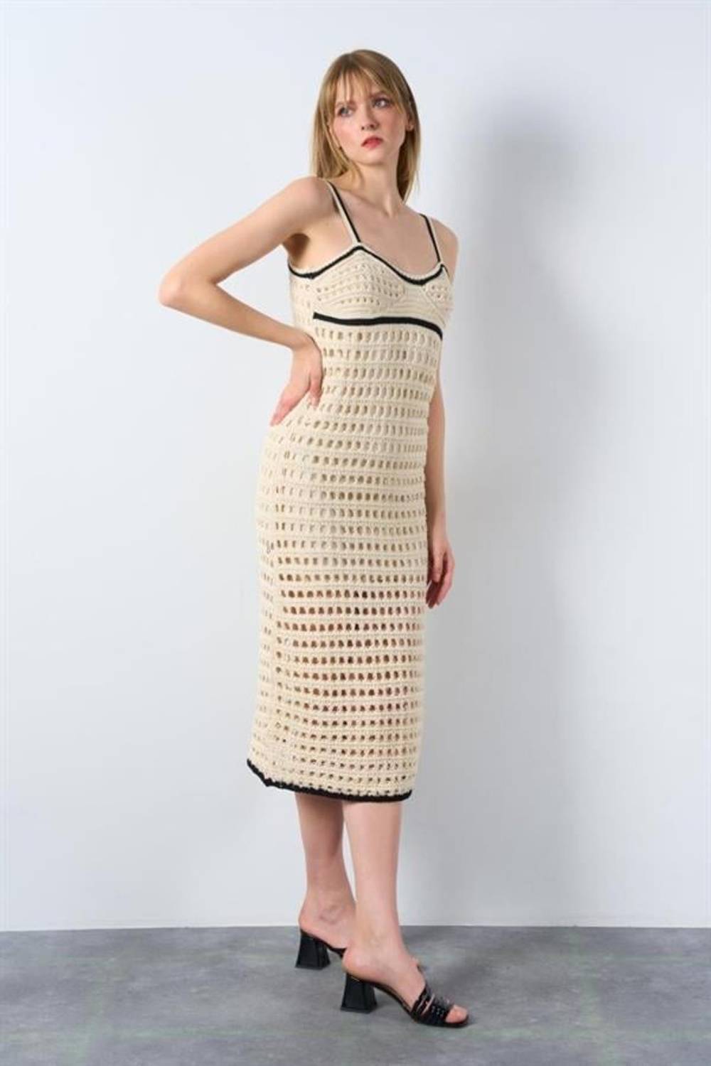 Ajurlu Triko Elbise - Ekru-Siyah