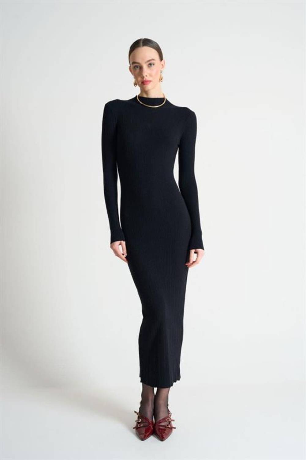 Kendinden Yaka Fitilli Elbise - Siyah