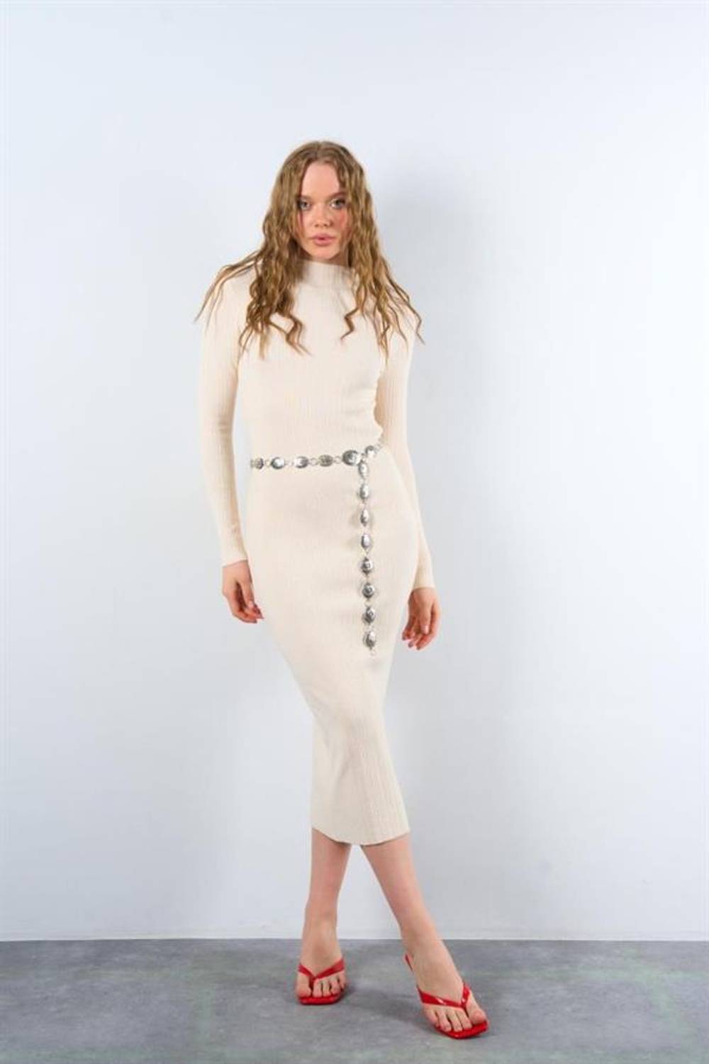 Kendinden Yaka Fitilli Elbise - Beyaz Kayısı