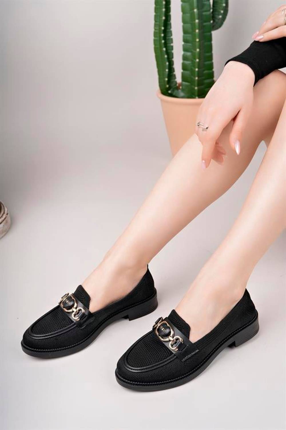 Kadın Nude Zincir Tokalı Kalın Taban Pu Deri Günlük Klasik Topuklu Loafer Makosen Ayakkabı F Krem Tekstil FS Siyah Tekstil