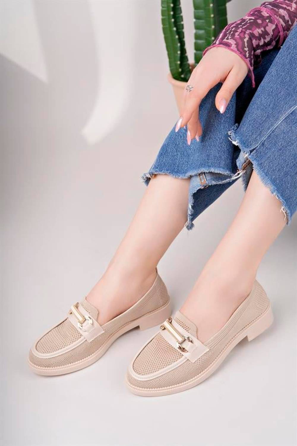 Kadın Nude Zincir Tokalı Kalın Taban Pu Deri Günlük Klasik Topuklu Loafer Makosen Ayakkabı F Krem Tekstil VY Nude Tekstil