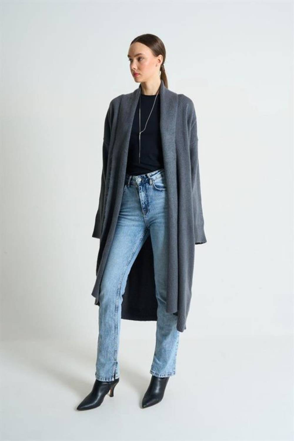 Önü Açık Şal Yaka Hırka - Antrasit